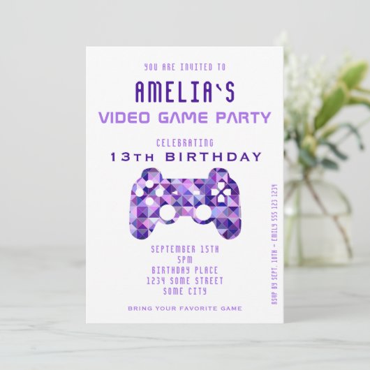 Videogamepartij Paarse controller game Birthday Kaart (Staand voorkant)