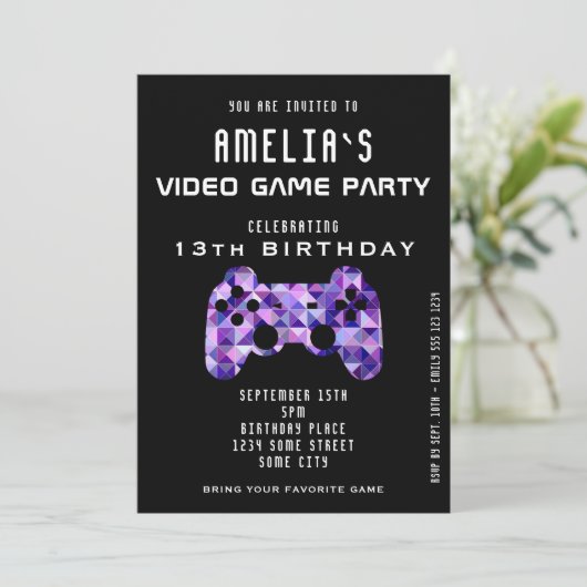 Videogamepartij Paarse controller game Birthday Kaart (Staand voorkant)