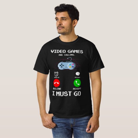 Videogames bellen en ik moet gaan grappig gamen t-shirt (Voorkant volledig)