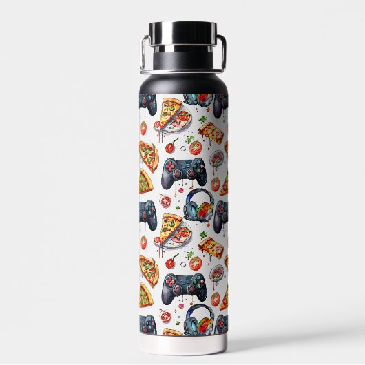Videogames en pizza monogrammed waterfles (Achterkant)