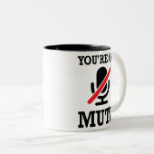 Videogesprek, thuis werken, je bent op stomme tweekleurige koffiemok (Voorkant rechts)