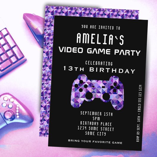Videospel Feestje Paarse Controller Gamen Verjaard Kaart