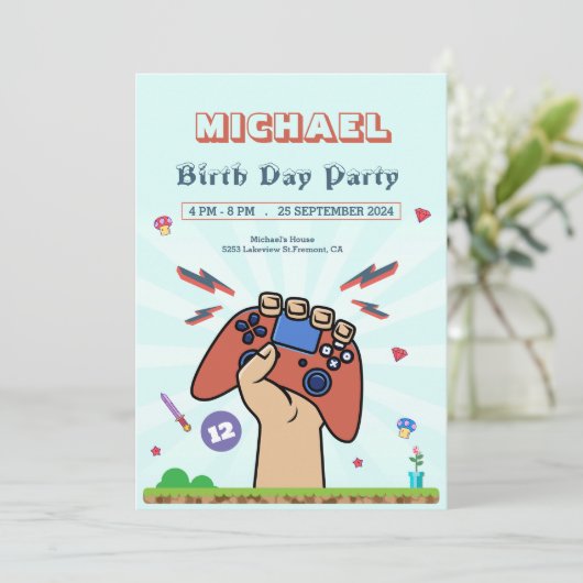 Videospel Kinderen Verjaardag Party Uitnodiging (Staand voorkant)