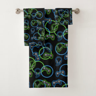 Videospel Neon Blauw & Groen Patroon Bad Handdoek