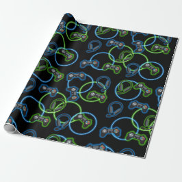 Videospel Neon Blauw & Groen Patroon Cadeaupapier