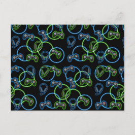 Videospel Neon Blauw & Groen Patroon Feestdagenkaart
