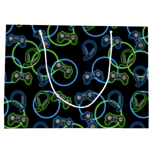 Videospel Neon Blauw & Groen Patroon Groot Cadeauzakje (Achterkant)