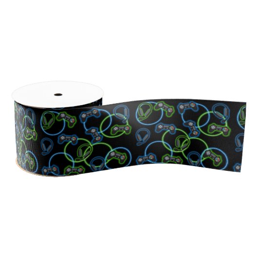 Videospel Neon Blauw & Groen Patroon Grosgrain Lint (Spoel)