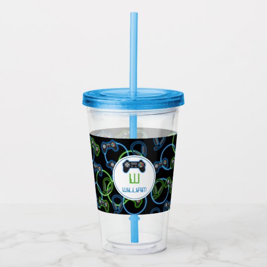 Videospel Neon Blauw & Groen Patroon Monogram Acryl Drinkbeker (Voorkant)
