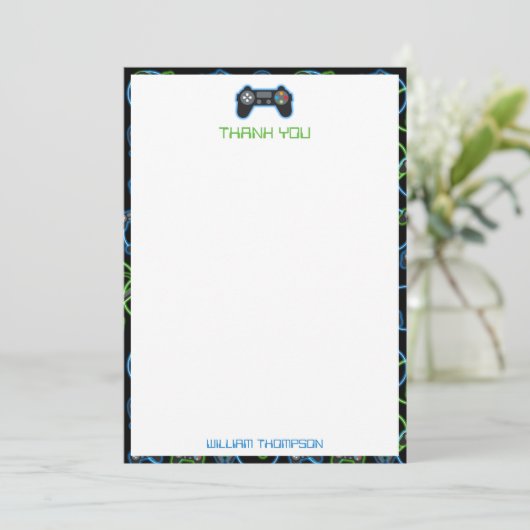 Videospel Neon Blauw & Groen Patroon Monogram Bedankkaart (Staand voorkant)