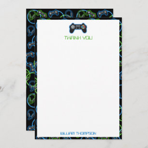 Videospel Neon Blauw & Groen Patroon Monogram Bedankkaart