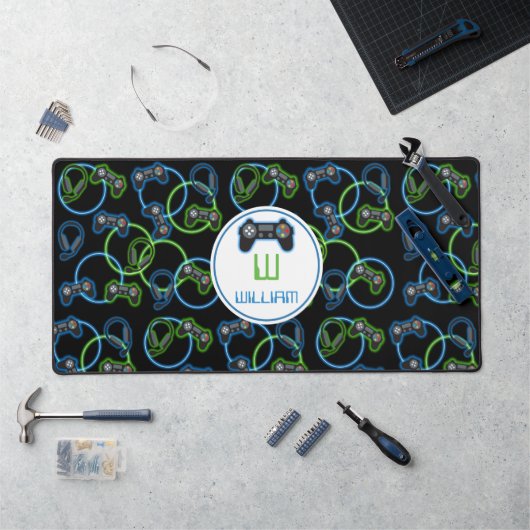 Videospel Neon Blauw & Groen Patroon Monogram Bureaumat (Werkstation)