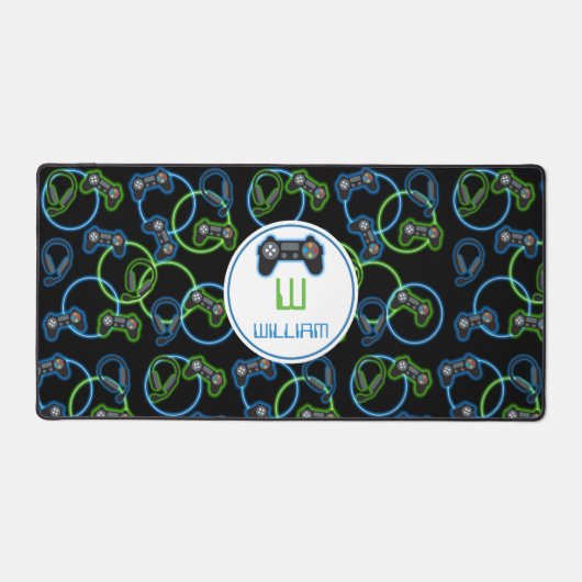 Videospel Neon Blauw & Groen Patroon Monogram Bureaumat (Voorkant)