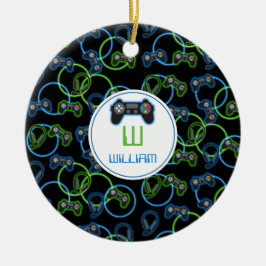 Videospel Neon Blauw & Groen Patroon Monogram Keramisch Ornament
