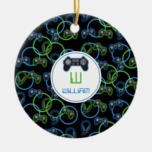 Videospel Neon Blauw & Groen Patroon Monogram Keramisch Ornament (Voorkant)