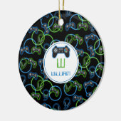 Videospel Neon Blauw & Groen Patroon Monogram Keramisch Ornament (Links)