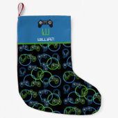 Videospel Neon Blauw & Groen Patroon Monogram Kleine Kerstsok (Voorkant)