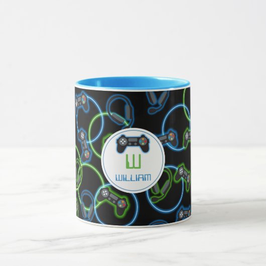 Videospel Neon Blauw & Groen Patroon Monogram Mok (Midden)