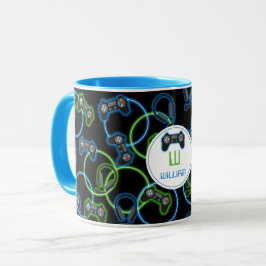 Videospel Neon Blauw & Groen Patroon Monogram Mok
