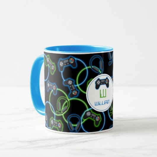 Videospel Neon Blauw & Groen Patroon Monogram Mok (Voorkant links)