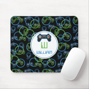 Videospel Neon Blauw & Groen Patroon Monogram Muismat