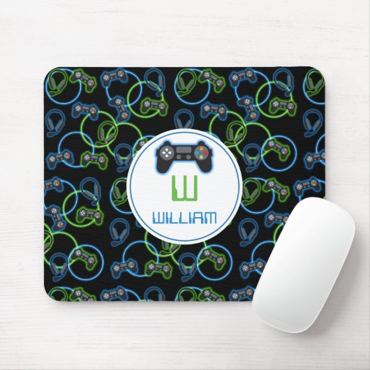 Videospel Neon Blauw & Groen Patroon Monogram Muismat (Met muis)