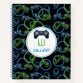 Videospel Neon Blauw & Groen Patroon Monogram Notitieboek (Voorkant)