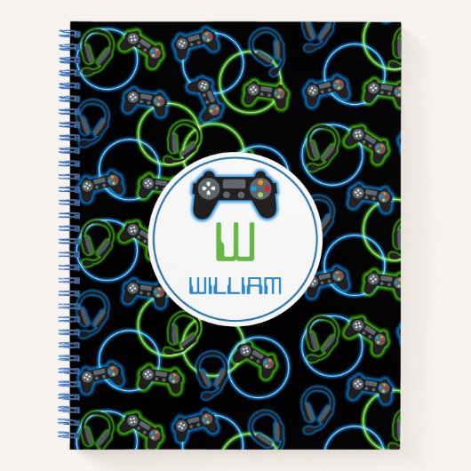 Videospel Neon Blauw & Groen Patroon Monogram Notitieboek (Voorkant)