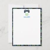 Videospel Neon Blauw & Groen Patroon Monogram Notitiekaartje (Voorkant)