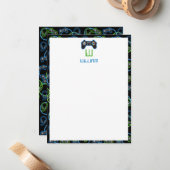 Videospel Neon Blauw & Groen Patroon Monogram Notitiekaartje (Voorkant / Achterkant in situ)