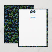 Videospel Neon Blauw & Groen Patroon Monogram Notitiekaartje (Voorkant / Achterkant)