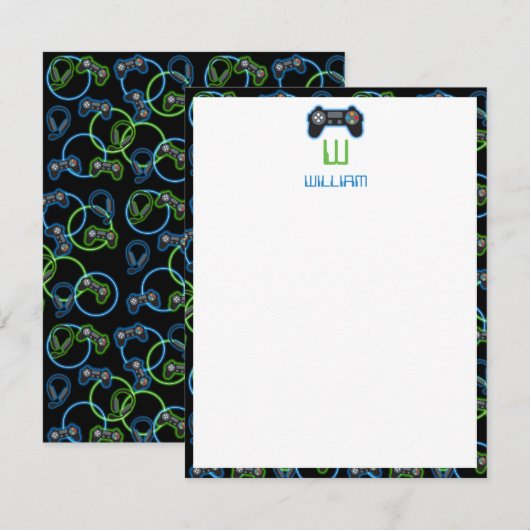 Videospel Neon Blauw & Groen Patroon Monogram Notitiekaartje (Voorkant / Achterkant)