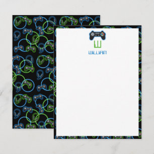 Videospel Neon Blauw & Groen Patroon Monogram Notitiekaartje