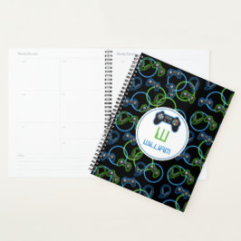 Videospel Neon Blauw & Groen Patroon Monogram Planner