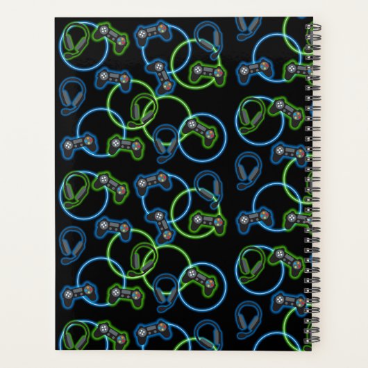Videospel Neon Blauw & Groen Patroon Monogram Planner (Achterkant)