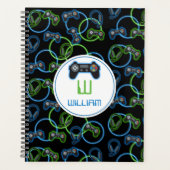 Videospel Neon Blauw & Groen Patroon Monogram Planner (Voorkant)
