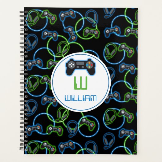 Videospel Neon Blauw & Groen Patroon Monogram Planner (Voorkant)