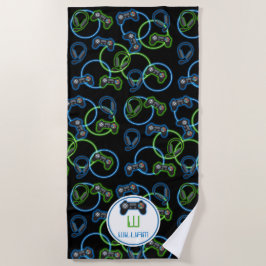 Videospel Neon Blauw & Groen Patroon Monogram Strandlaken