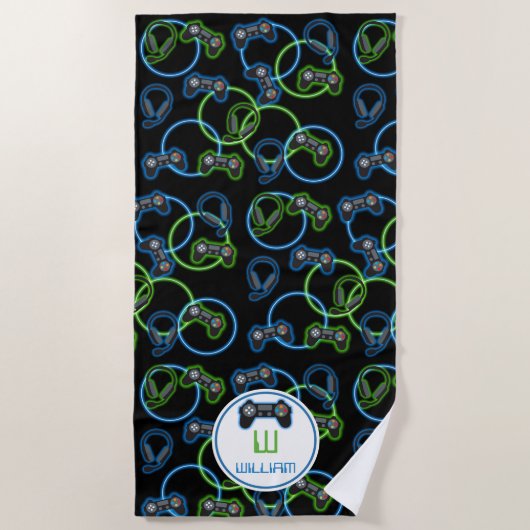 Videospel Neon Blauw & Groen Patroon Monogram Strandlaken (Voorkant)