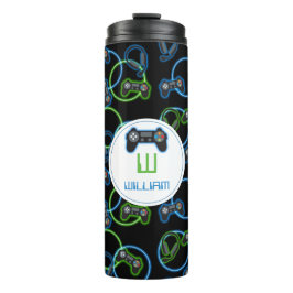 Videospel Neon Blauw & Groen Patroon Monogram Thermosbeker