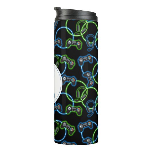 Videospel Neon Blauw & Groen Patroon Monogram Thermosbeker (Geroteerd rechts)