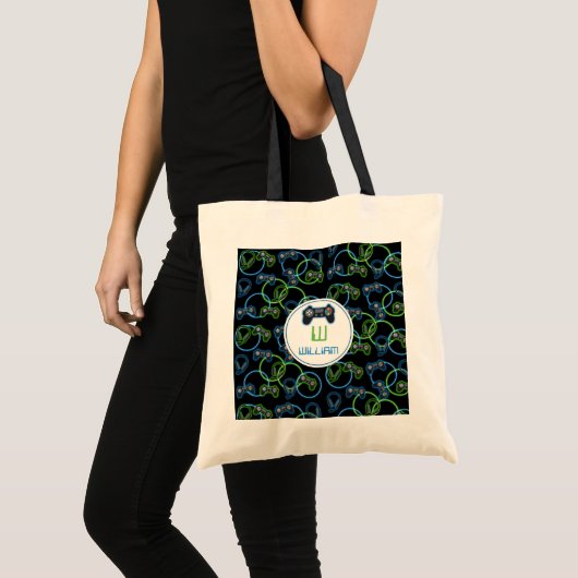 Videospel Neon Blauw & Groen Patroon Monogram Tote Bag (Voorkant (product))