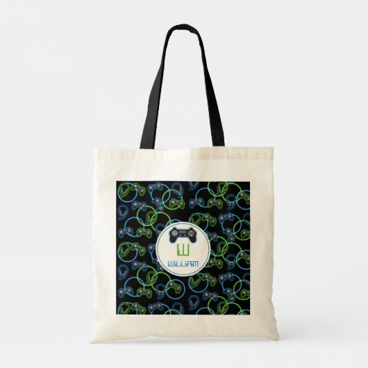 Videospel Neon Blauw & Groen Patroon Monogram Tote Bag (Achterkant)