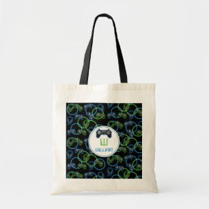 Videospel Neon Blauw & Groen Patroon Monogram Tote Bag