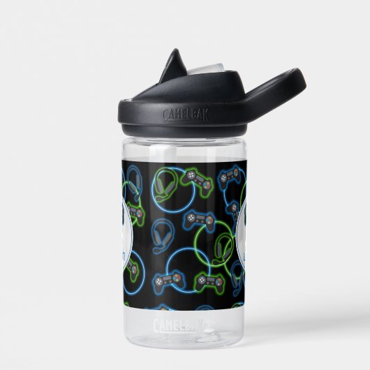 Videospel Neon Blauw & Groen Patroon Monogram Waterfles (Links)