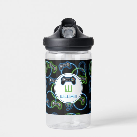 Videospel Neon Blauw & Groen Patroon Monogram Waterfles (Voorkant)