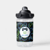 Videospel Neon Blauw & Groen Patroon Monogram Waterfles (Achterkant)