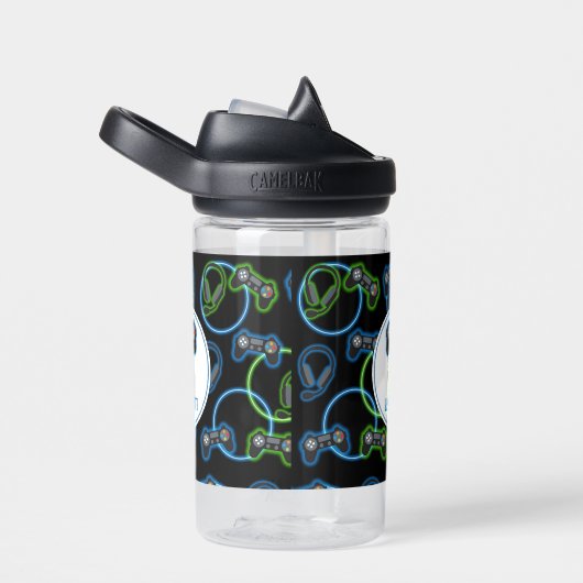 Videospel Neon Blauw & Groen Patroon Monogram Waterfles (Rechts)