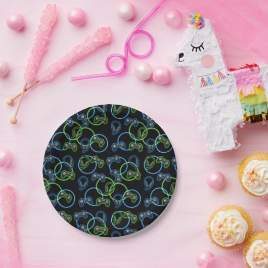 Videospel Neon Blauw & Groen Patroon Papieren Bordje (Feest)