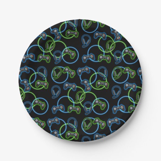 Videospel Neon Blauw & Groen Patroon Papieren Bordje (Voorkant)